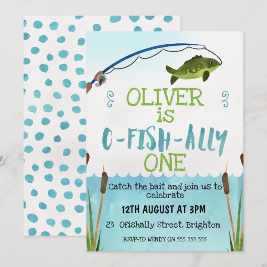 Boys O-Fish_Ally Waterverf Birthday Uitnodiging (Voorkant / Achterkant)