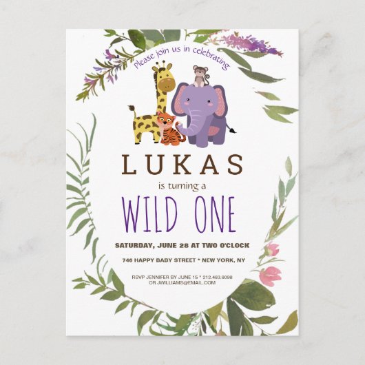 Boys Oerwoud Safari Animal 1e verjaardag Uitnodigi Briefkaart (Voorkant)