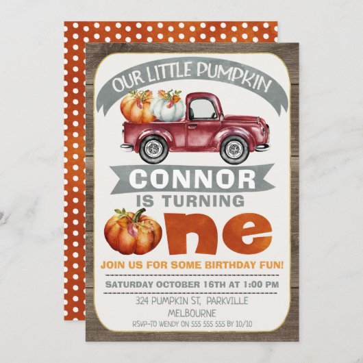 Boys Onze kleine pompoen 1e verjaardag Uitnodiging (Voorkant / Achterkant)