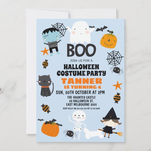 Boys Oranje Blue Halloween Birthday Invitation Kaart (Voorkant)