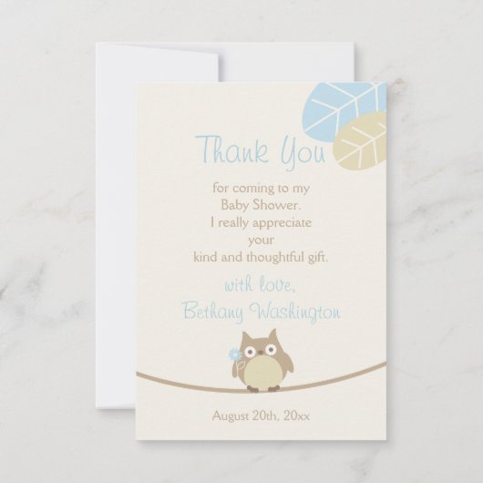 Boys Owl Baby shower Dank u Bedankkaart (Achterkant)