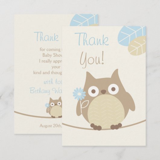 Boys Owl Baby shower Dank u Bedankkaart (Voorkant / Achterkant)