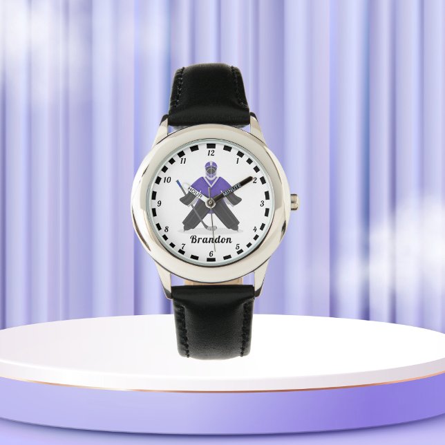 Boys Paars Ice Hockey Spelers Naam Winterstrips Horloge (Creator heeft geüpload)