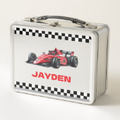 Boys Personalised Name Red Racing Car Lunch Box (Voorkant)
