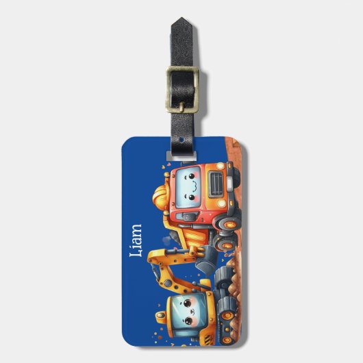Boy's Personalized Construction Trucks Bagagelabel (Voorkant verticaal)