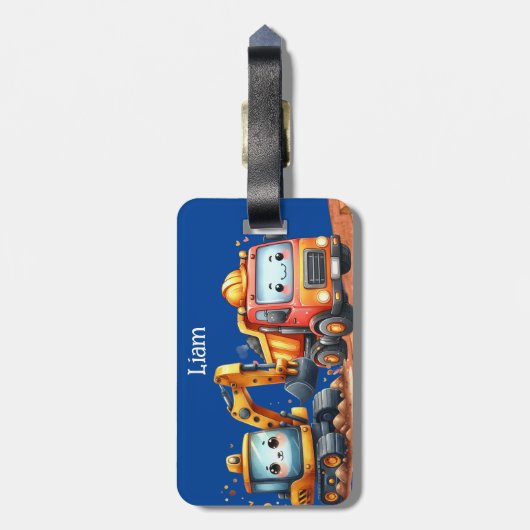 Boy's Personalized Construction Trucks Bagagelabel (Achterkant verticaal)
