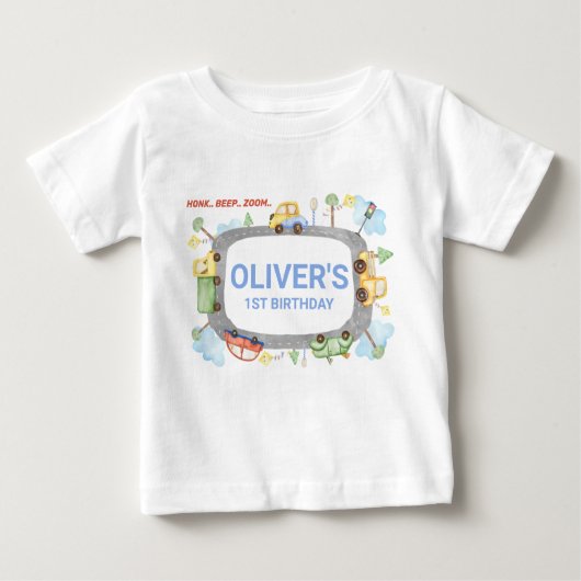 Boys Personalized Transport 1st Birthday T-Shirt (Voorkant)