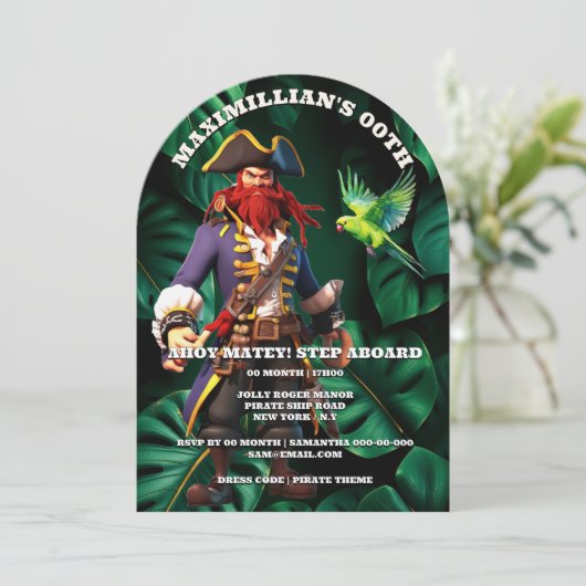 Boys pirate theme birthday party captain red kaart (Staand voorkant)