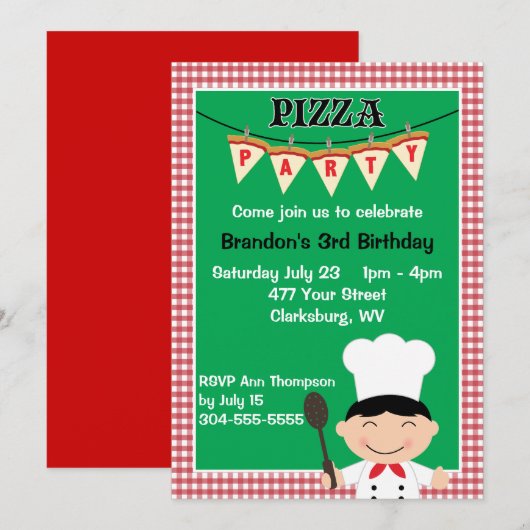 Boy's Pizza Party Kaart (Voorkant / Achterkant)