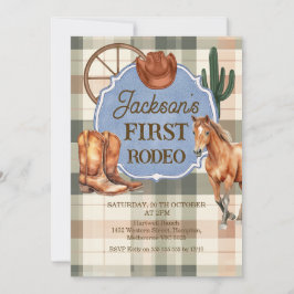Boys Plaid Green Brown First Rodeo 1st Birthday Kaart