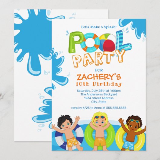 Boys Pool Party 10th Birthday Invitation Kaart (Voorkant / Achterkant)