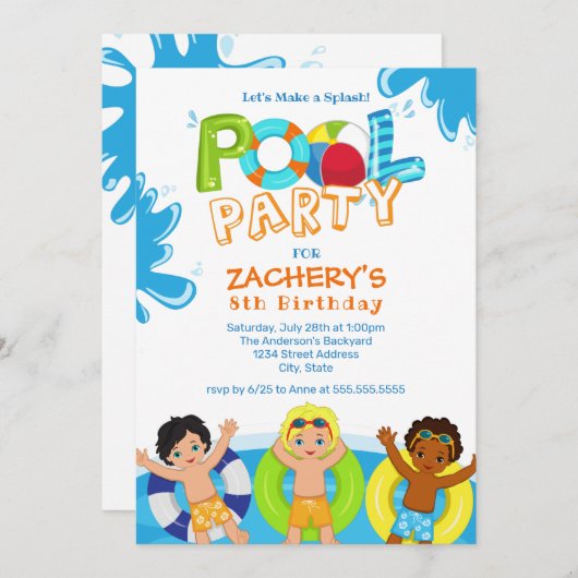 Boys Pool Party 8th Birthday Uitnodiging (Voorkant / Achterkant)