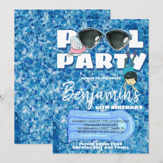 Boys Pool Party Invitation Kaart (Voorkant / Achterkant)