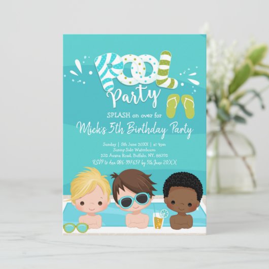Boys Pool Party Kind Birthday Uitnodiging (Staand voorkant)