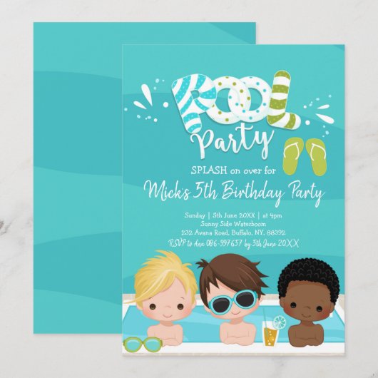 Boys Pool Party Kind Birthday Uitnodiging (Voorkant / Achterkant)