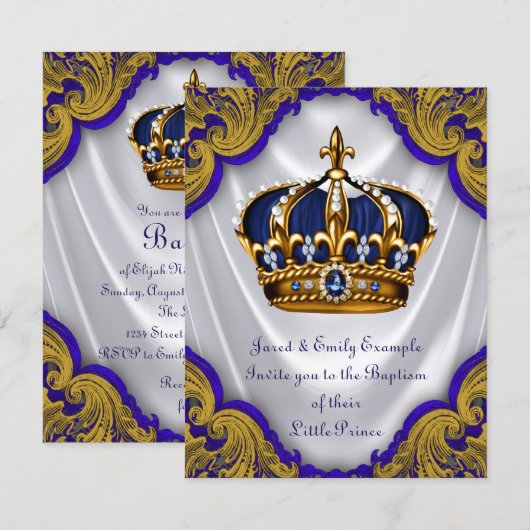 Boys Prince Baptism Royal Blue Gold Swirl Satin Kaart (Voorkant / Achterkant)