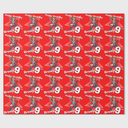 Boys red add jouw naam 9e verjaardag rockstar wrap cadeaupapier (Vlak)