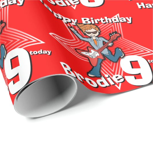 Boys red add jouw naam 9e verjaardag rockstar wrap cadeaupapier (Rol Hoek)