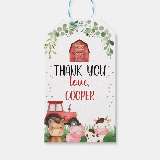 Boys Red Barn Tractor Boerderij Verjaardagsgunst T Cadeaulabel (Voorkant)
