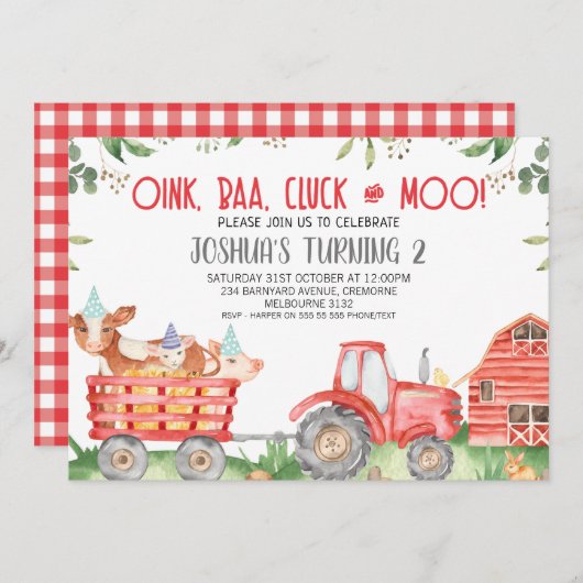Boys Red Tractor Farm Animals Kaart (Voorkant / Achterkant)