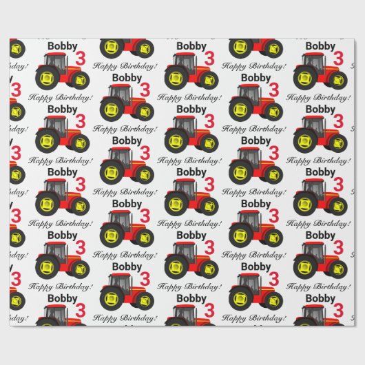 Boy's Red Tractor Naam en leeftijd Verjaardagscade Cadeaupapier (Vlak)