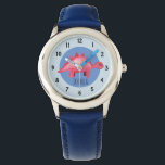 Boys Red Waterverf Dinosaur en naam Kinderen Horloge<br><div class="desc">Dit schattige kinder horloge ontwerp heeft een handgeschilderde rode waterverf dinosaurus met een blauwe achtergrond,  en kan worden gepersonaliseerd met de naam van uw jongen. Perfect voor elke dinosaurus liefhebbende kind eerste horloge. Bekijk onze winkel voor andere prachtige design!</div>