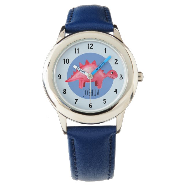 Boys Red Waterverf Dinosaur en naam Kinderen Horloge (Voorkant)