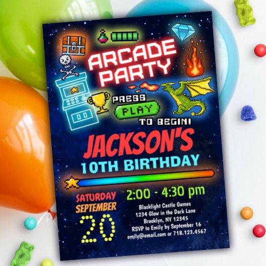 Boys Retro Arcade Birthday Party Uitnodiging