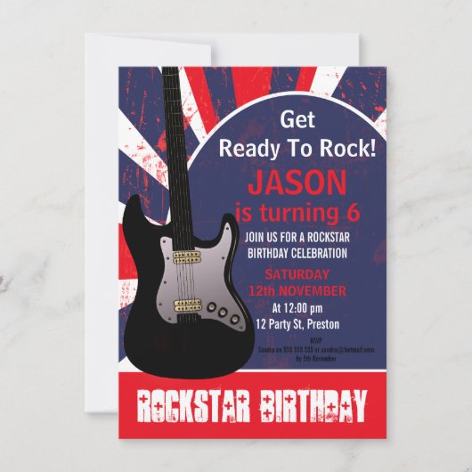 Boys Rock Star Guitar Birthday Invitation Kaart (Voorkant)