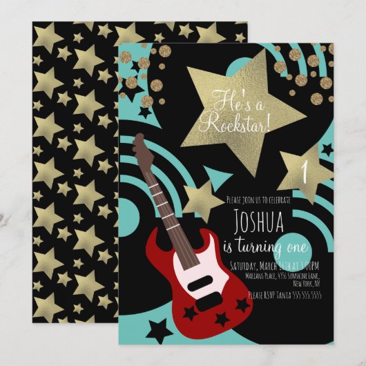 Boys Rockstar Guitar Faux Gold Star Rock Kaart (Voorkant / Achterkant)