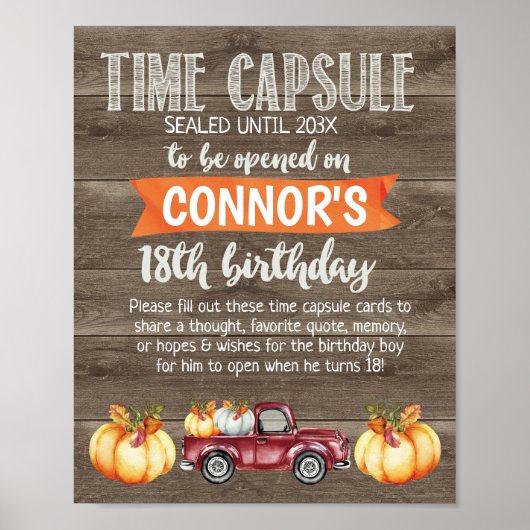 Boys Rustic Little Pumpkin Time Capsule Sign Poster (Voorkant)