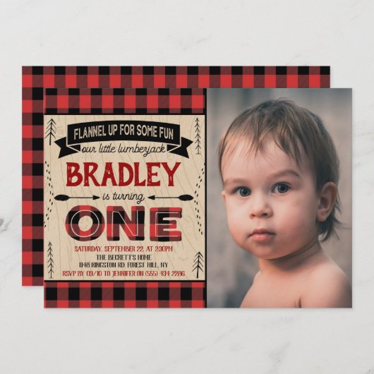 Boys Rustic Pset Lumberjack 1st Birthday Foto Kaart (Voorkant / Achterkant)
