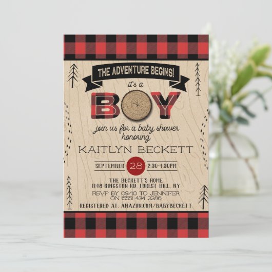 Boys Rustic Pset Lumberjack Baby shower Kaart (Staand voorkant)