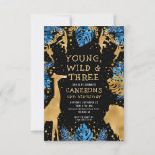 Boys Safari 3rd Birthday Blue Gold Black Kaart (Voorkant)