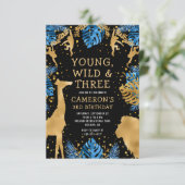 Boys Safari 3rd Birthday Blue Gold Black Kaart (Staand voorkant)