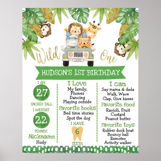 Boys Safari Animals 1st Birthday Milestone Poster (Voorkant)