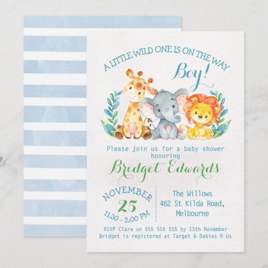 Boy's Safari Animals Baby shower Kaart (Voorkant / Achterkant)