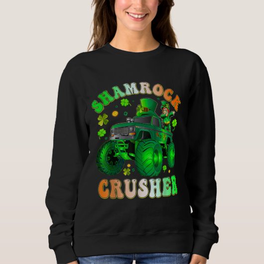 Boys Saint Patricks Day Monster Truck Shamrock Cru Trui (Voorkant)