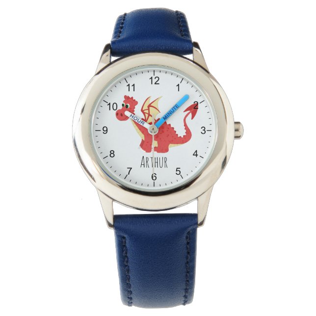 Boys Schattig Rood Welsh Dragon Cartoon & Naam Kin Horloge (Voorkant)