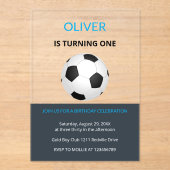 Boys Simple Blue Soccer Kids First Birthday Acryl Uitnodigingen (Voorkant)