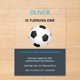 Boys Simple Blue Soccer Kids First Birthday Acryl Uitnodigingen