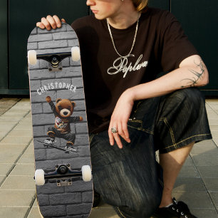 Boys Skateboarding Teddy Bear Brick Wall Naam Persoonlijk Skateboard