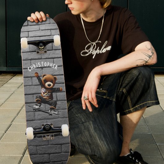 Boys Skateboarding Teddy Bear Brick Wall Naam Persoonlijk Skateboard