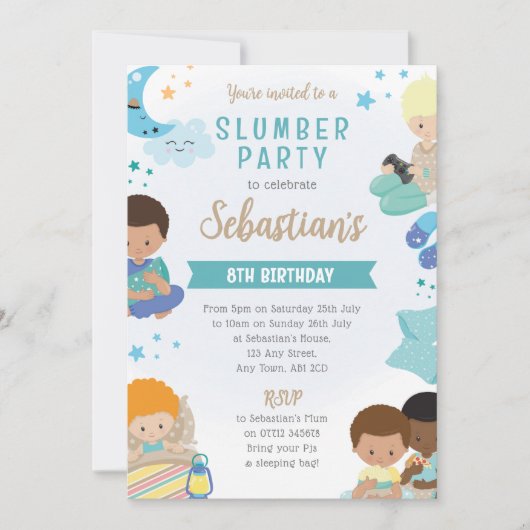 Boys Sleepover Invitation – PJs, Pillows & Gaming Kaart (Voorkant)