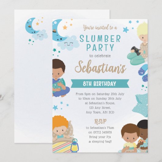 Boys Sleepover Invitation – PJs, Pillows & Gaming Kaart (Voorkant / Achterkant)