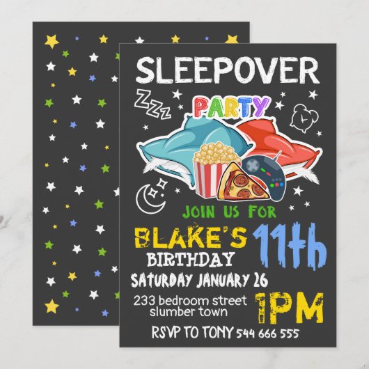 Boys Sleepover Invitation - SLEEPOVER BIRTHDAY Kaart (Voorkant / Achterkant)