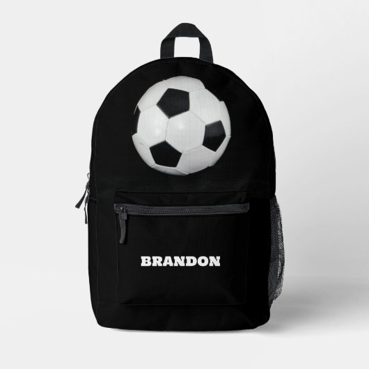 Boys Soccer Ball Black Stylish Custom Name Kids Bedrukte Rugzak (Voorkant)