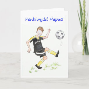 Boys Soccer Birthday Card: Welsh Greeting Kaart