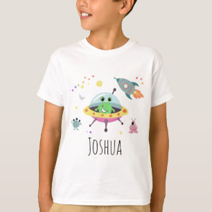 Boys Space Alien Cartoon Rocket Shiket and Name T-shirt