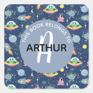 Boys Space Alien Pattern en Name Kinder Bookplate Vierkante Sticker